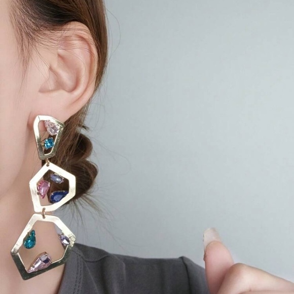 2/$30🌵 Gold Geo Multicolor Rhinestones Earrings Sparkle Large Jewelry Boho NEW - Picture 4 of 11
